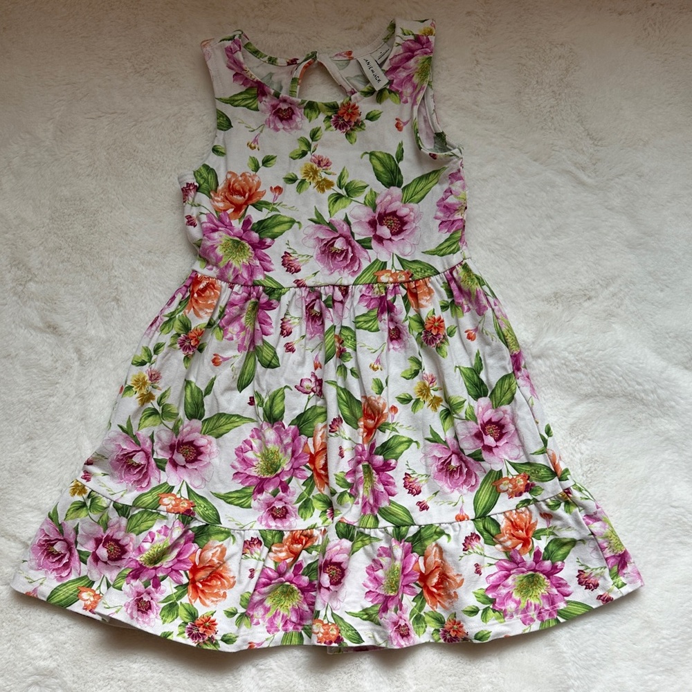 Janie and Jack Girls White Floral Sleeveless Dress with Pink & Orange Blooms
